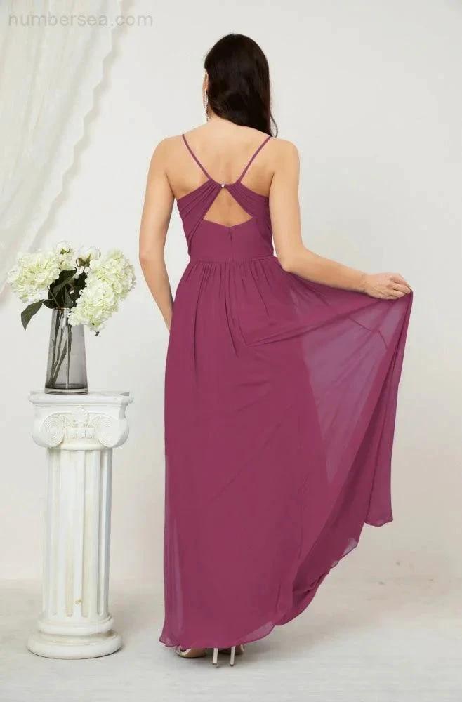 Numbersea Neck Bridesmaid Dresses Chiffon Long Spaghetti A-line Formal Prom Gown for Wedding Party Evening 2801 by numbersea