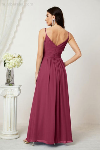 Numbersea Chiffon V-Neck Bridesmaid Dress Spaghetti Strap Long Formal Party Prom Gowns with Slit 28010