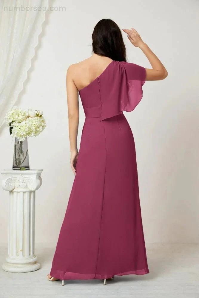 Numbersea Chiffon Ruffled One Shoulder Long Bridesmaid Dresses A-line Formal Evening Gown Side Split 2809 by numbersea