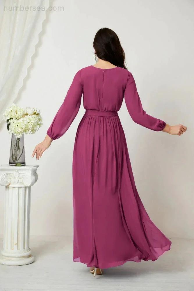 Sunnderly Evening Dresses Deep V-Neck Chiffon Bridesmaid Dresses Long Bishop Sleeve Side Split Formal Dress SY2806 by numbersea