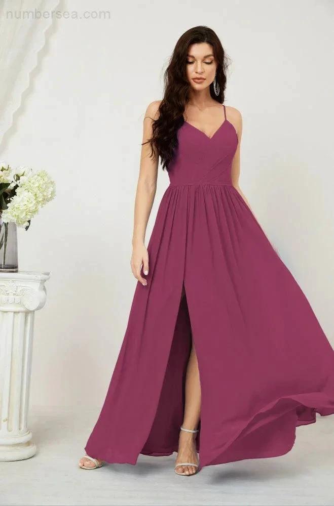 Numbersea Neck Bridesmaid Dresses Chiffon Long Spaghetti A-line Formal Prom Gown for Wedding Party Evening 2801 by numbersea