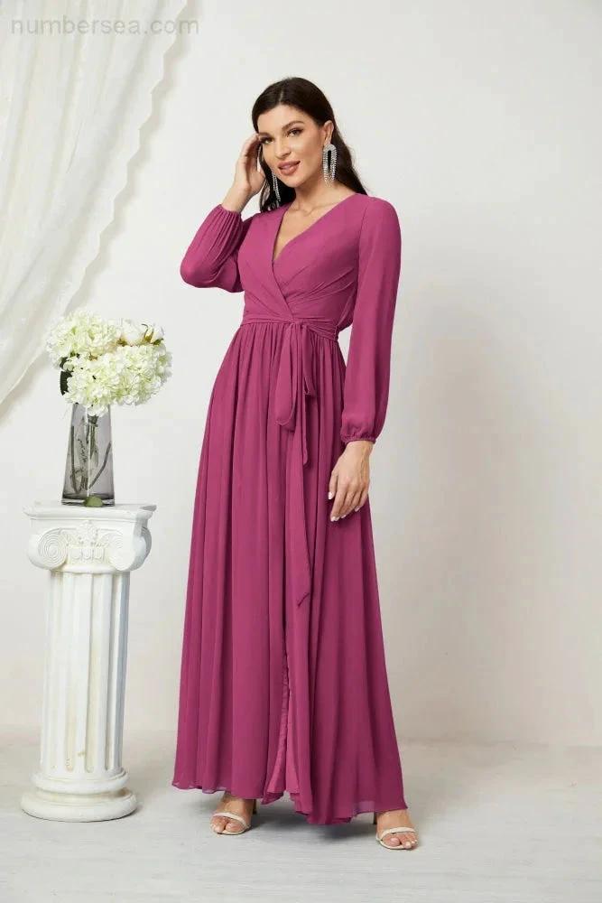 Sunnderly Evening Dresses Deep V-Neck Chiffon Bridesmaid Dresses Long Bishop Sleeve Side Split Formal Dress SY2806 by numbersea