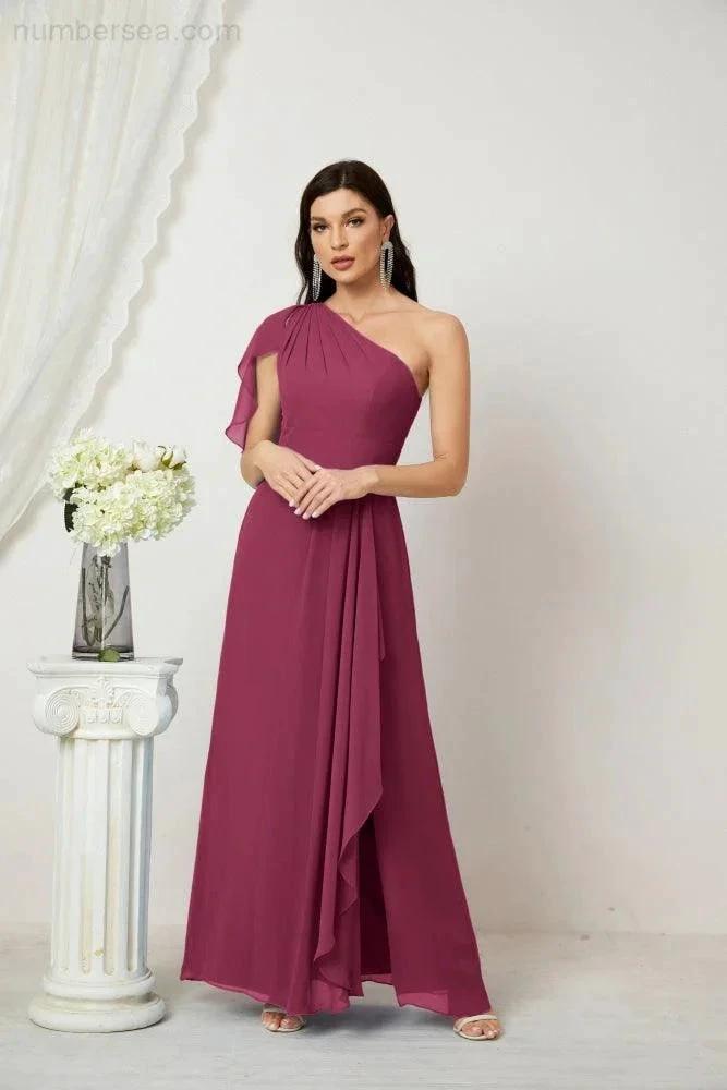 Numbersea Chiffon Ruffled One Shoulder Long Bridesmaid Dresses A-line Formal Evening Gown Side Split 2809 by numbersea