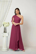 Numbersea Chiffon Ruffled One Shoulder Long Bridesmaid Dresses A-line Formal Evening Gown Side Split 2809 by numbersea