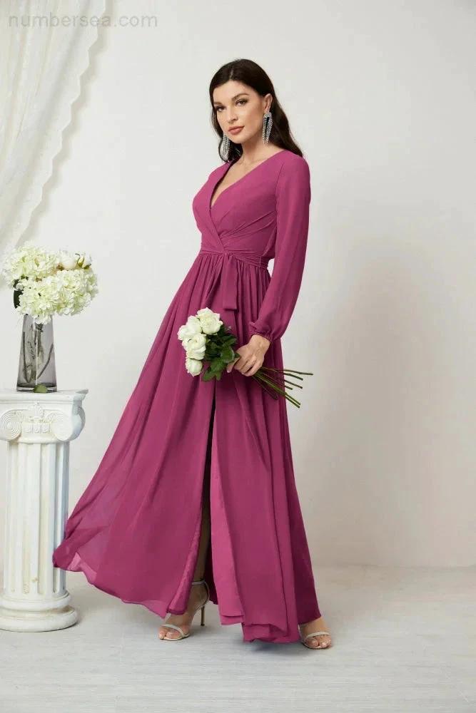 Sunnderly Evening Dresses Deep V-Neck Chiffon Bridesmaid Dresses Long Bishop Sleeve Side Split Formal Dress SY2806 by numbersea