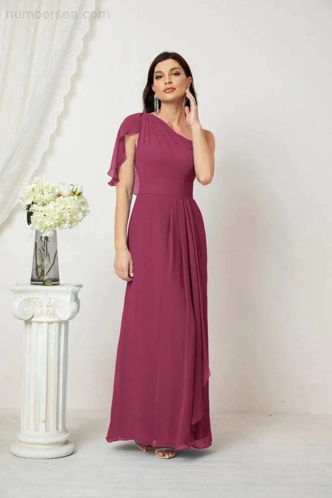 Numbersea Chiffon Ruffled One Shoulder Long Bridesmaid Dresses A-line Formal Evening Gown Side Split 2809 by numbersea