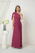 Numbersea Chiffon Ruffled One Shoulder Long Bridesmaid Dresses A-line Formal Evening Gown Side Split 2809 by numbersea