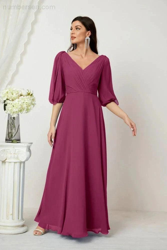 Numbersea Formal Prom Gown Women V-Neck Chiffon Bridesmaid Dresses Long Bishop Sleeve Party Dress 2807 by numbersea