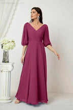 Numbersea Formal Prom Gown Women V-Neck Chiffon Bridesmaid Dresses Long Bishop Sleeve Party Dress 2807 by numbersea