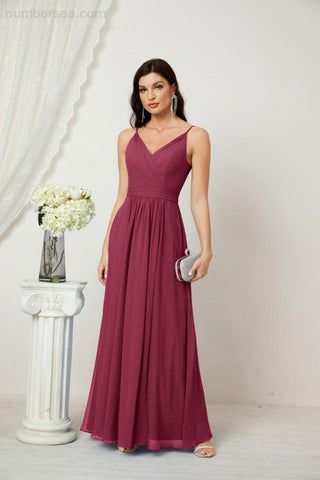 Numbersea Chiffon V-Neck Bridesmaid Dress Spaghetti Strap Long Formal Party Prom Gowns with Slit 28010