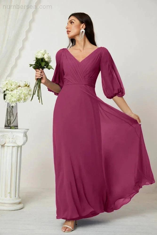 Numbersea Formal Prom Gown Women V-Neck Chiffon Bridesmaid Dresses Long Bishop Sleeve Party Dress 2807 by numbersea