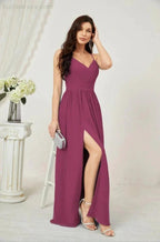 Numbersea Neck Bridesmaid Dresses Chiffon Long Spaghetti A-line Formal Prom Gown for Wedding Party Evening 2801 by numbersea