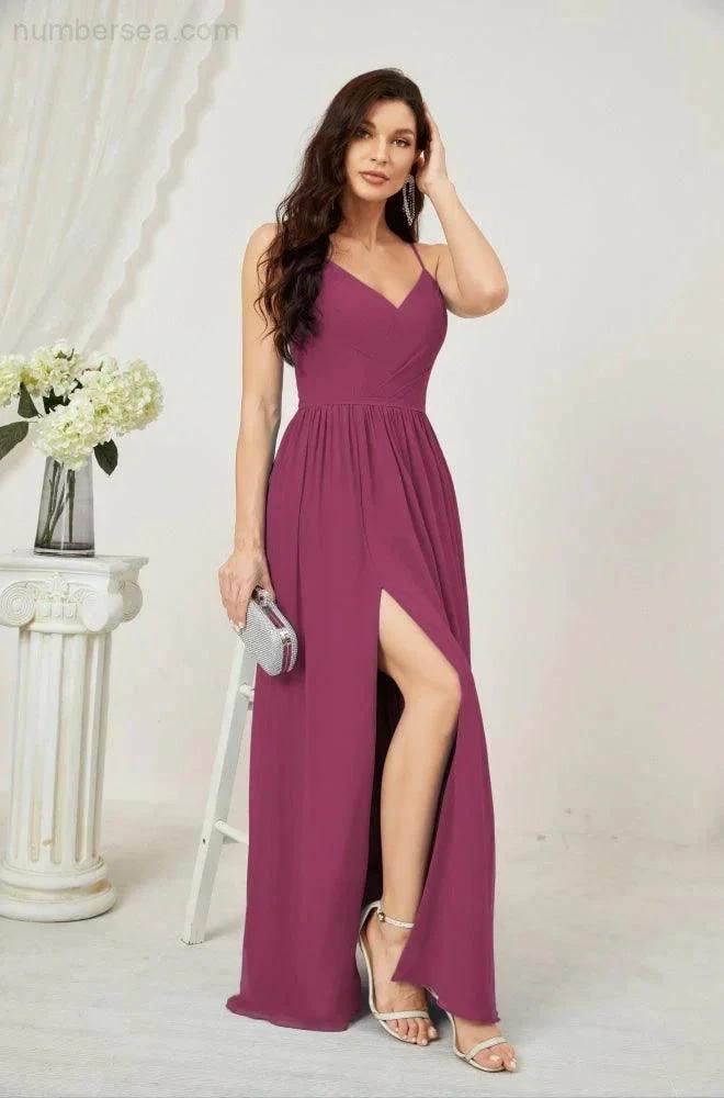 Numbersea Neck Bridesmaid Dresses Chiffon Long Spaghetti A-line Formal Prom Gown for Wedding Party Evening 2801 by numbersea