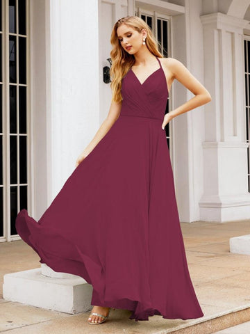 Numbersea Halter Chiffon Bridesmaid Dresses Wedding Appare Sleeveless Formal Prom Dress with Ruffled Back 28035