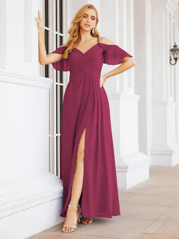 Numbersea Cold Shoulder Long Bridesmaid Dresses Side Slit Formal Prom Gowns Party Wedding 28070