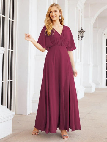 Numbersea V-Neck Bridesmaid Dress Chiffon Long Open Back Formal Dresses for Women Party Evening 28067