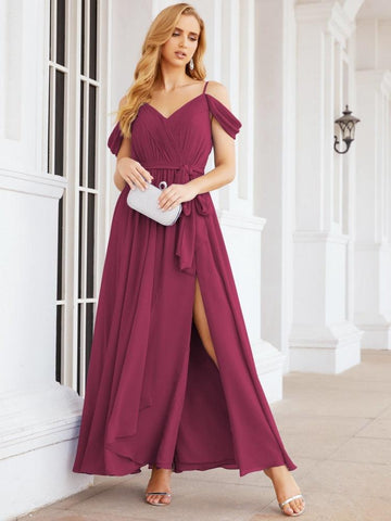 Numbersea Off The Shoulder Chiffon Bridesmaid Dress Long Formal Graduation Gown with Cowl Back 28069