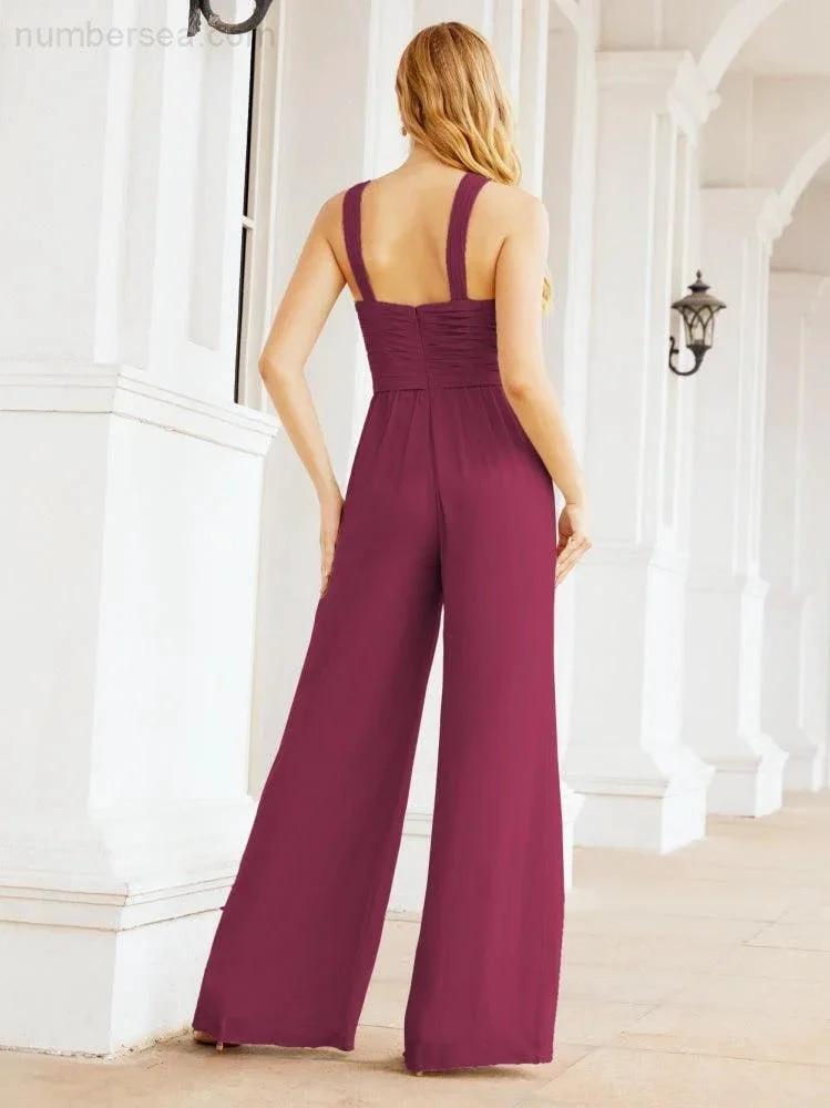 Numbersea Crisscross Neck Jumpsuit Formal Evening Dress Long Bridesmaid Dresses Bell-bottomed Pants 28033 by numbersea