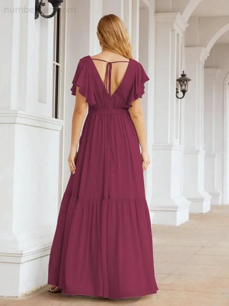 Numbersea Women's Open Back Formal Evening Party Prom Gowns V-Neck Long Chiffon Bridesmaid Dresses with Waist Belt 28038 by numbersea