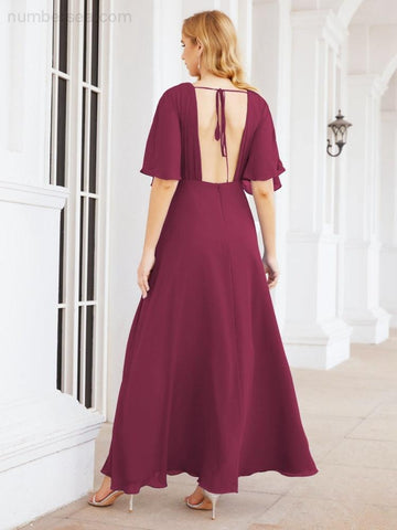 Numbersea V-Neck Bridesmaid Dress Chiffon Long Open Back Formal Dresses for Women Party Evening 28067