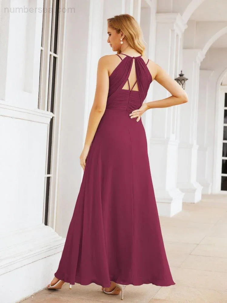 Vestidos de Damas de Honra Numbersea com Alças Duplas de Espaguete para Mulher Vestido Longo Formal para Festa com Fenda Lateral 28051