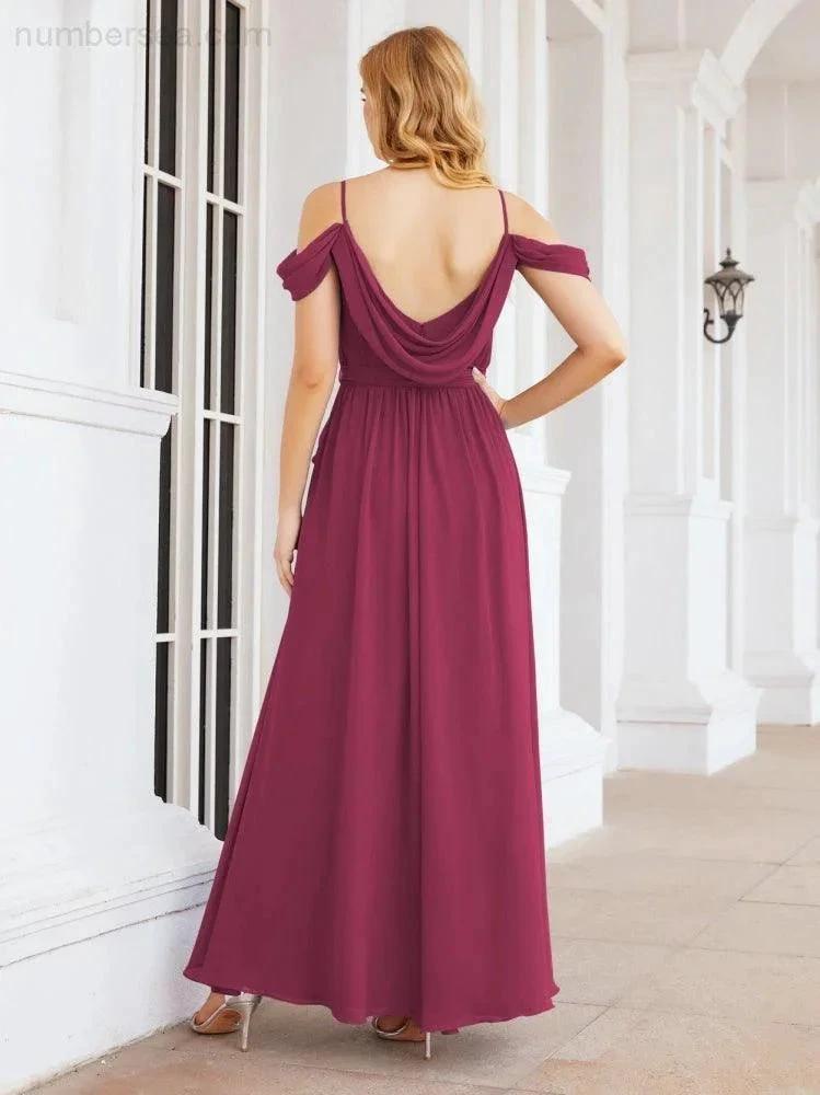 Numbersea Off The Shoulder Chiffon Bridesmaid Dress Long Formal Graduation Gown with Cowl Back 28069 by numbersea