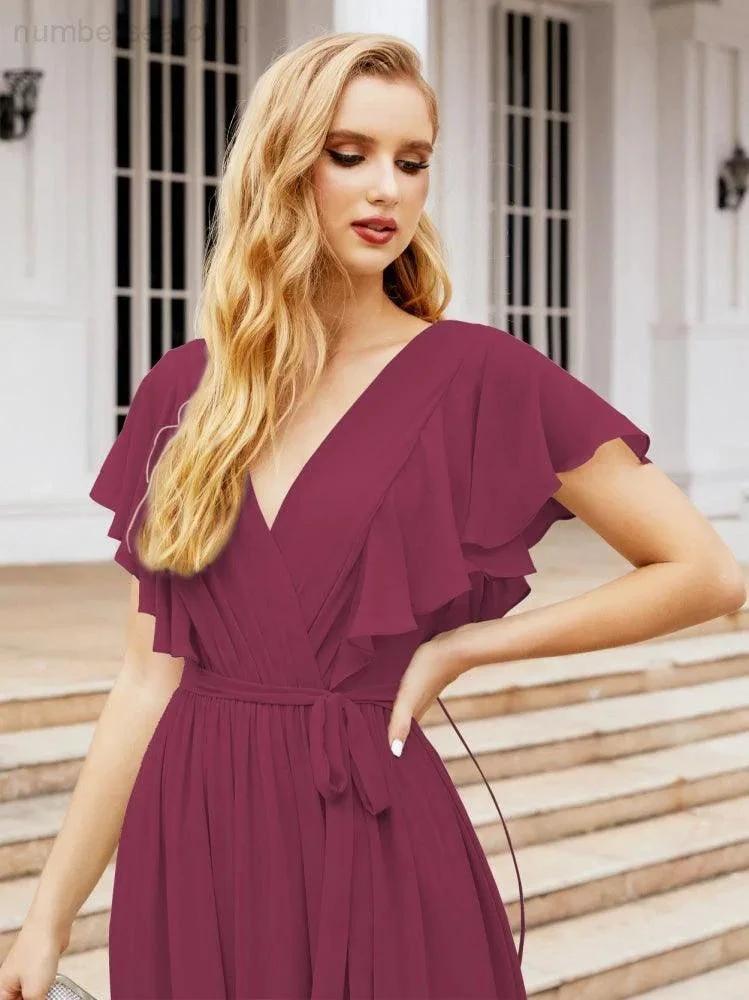 Numbersea Women's Open Back Formal Evening Party Prom Gowns V-Neck Long Chiffon Bridesmaid Dresses with Waist Belt 28038 by numbersea