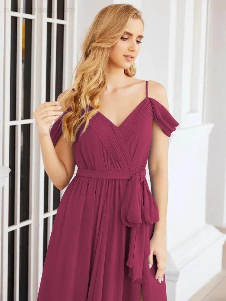 Numbersea Off The Shoulder Chiffon Bridesmaid Dress Long Formal Graduation Gown with Cowl Back 28069 by numbersea