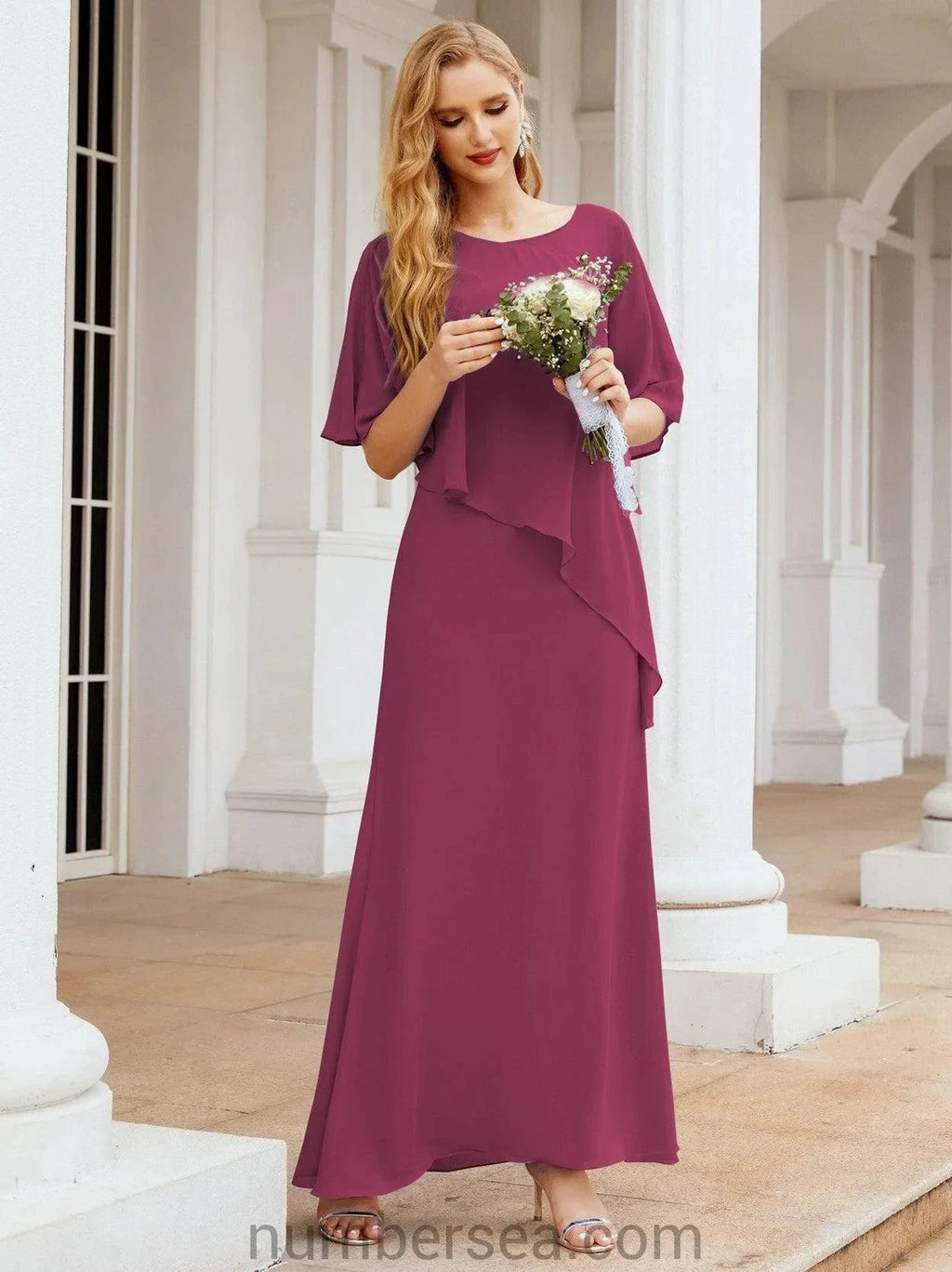 Sunnderly Formal Party Gown Dress Long Mother of The Bride Dresses with Ruffle Cape SY28026 by numbersea