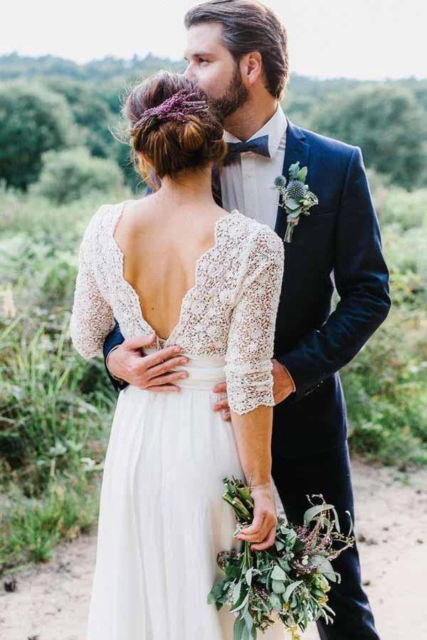 3/4 Sleeve See Through Backless Lace Chiffon Wedding Dresses WD291 by Pgmdress