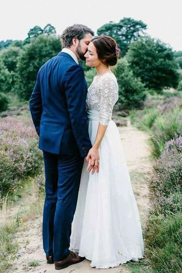 3/4 Sleeve See Through Backless Lace Chiffon Wedding Dresses WD291 by Pgmdress