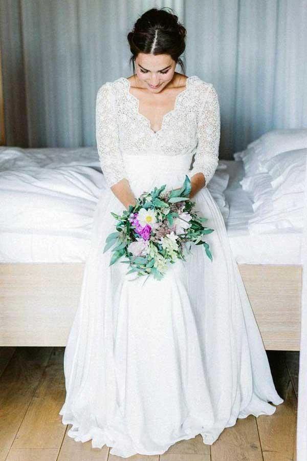 3/4 Sleeve See Through Backless Lace Chiffon Wedding Dresses WD291 by Pgmdress