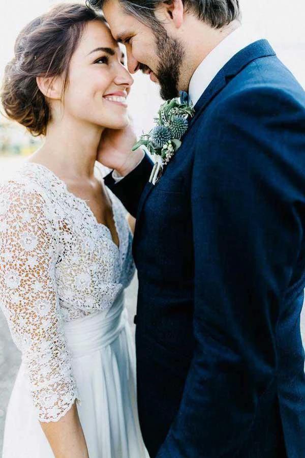 3/4 Sleeve See Through Backless Lace Chiffon Wedding Dresses WD291 by Pgmdress