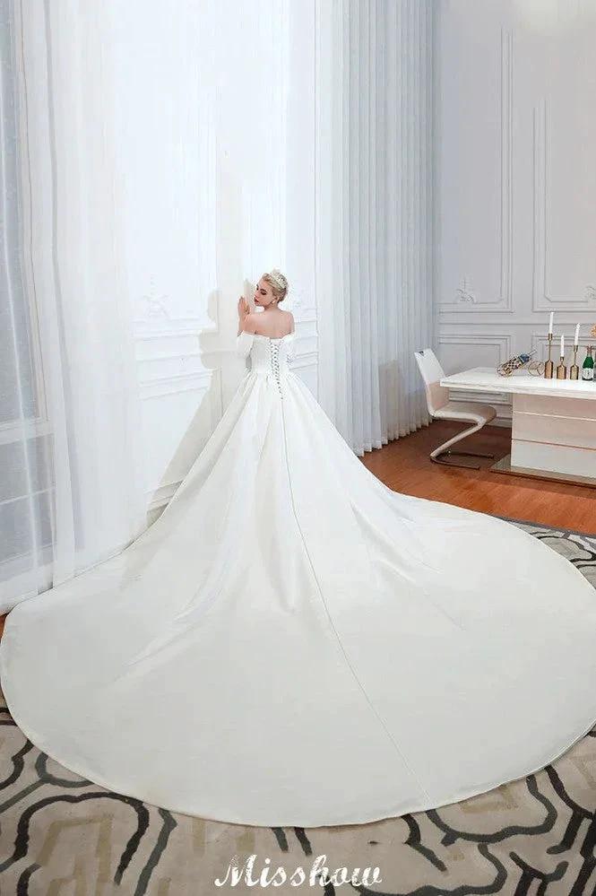 3/4 Sleeves Off-the-Shoulder Ball Gown White Aline Wedding Dress by misshow.com