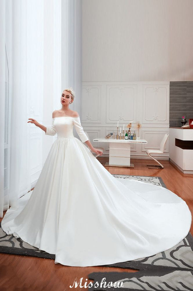 3/4 Sleeves Off-the-Shoulder Ball Gown White Aline Wedding Dress Main Image