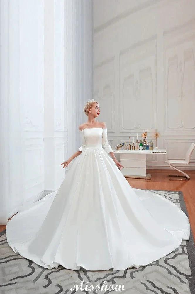 3/4 Sleeves Off-the-Shoulder Ball Gown White Aline Wedding Dress by misshow.com