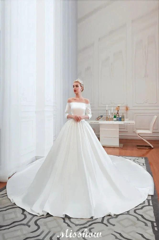 3/4 Sleeves Off-the-Shoulder Ball Gown White Aline Wedding Dress by misshow.com