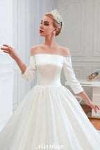 3/4 Sleeves Off-the-Shoulder Ball Gown White Aline Wedding Dress by misshow.com