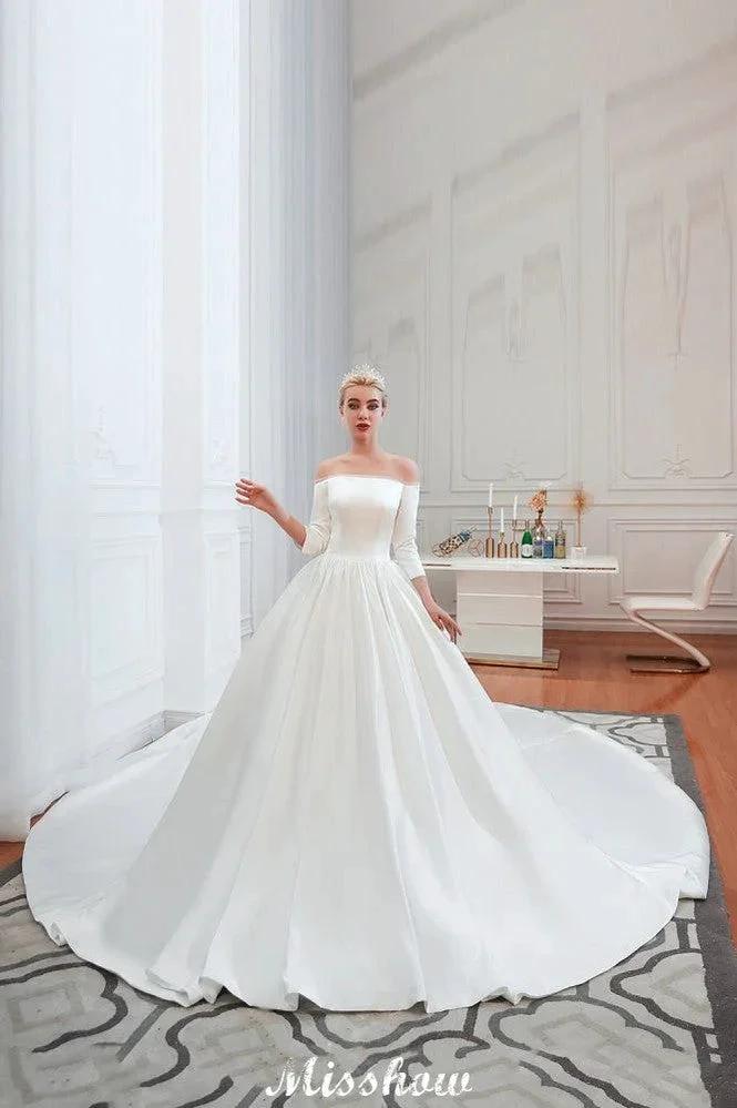 3/4 Sleeves Off-the-Shoulder Ball Gown White Aline Wedding Dress by misshow.com