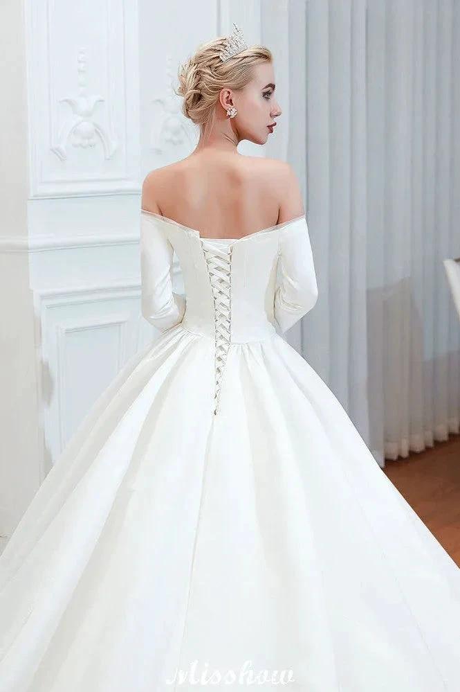 3/4 Sleeves Off-the-Shoulder Ball Gown White Aline Wedding Dress by misshow.com