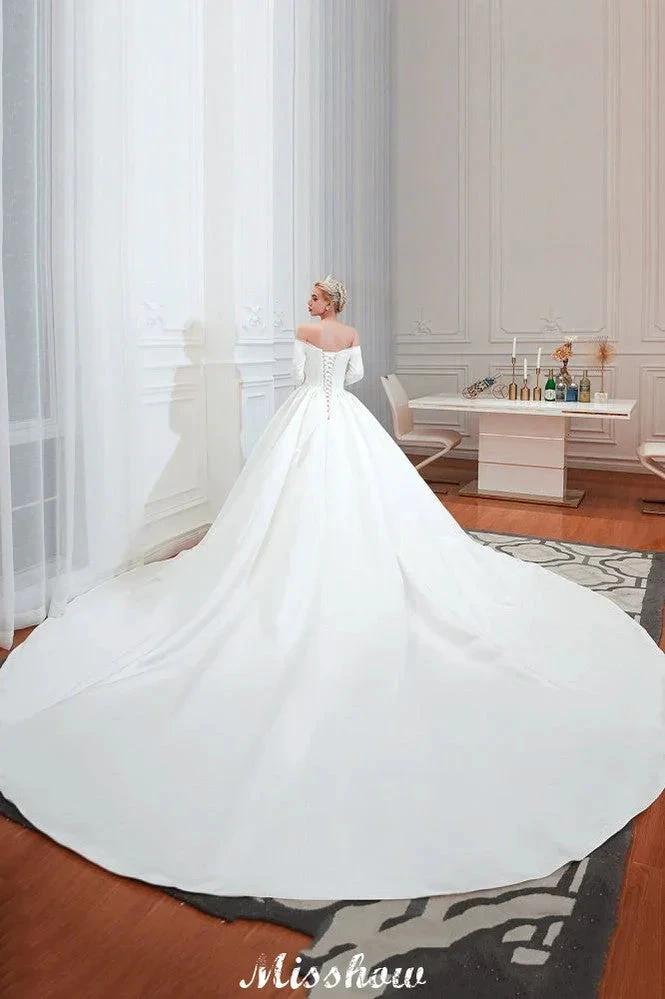 3/4 Sleeves Off-the-Shoulder Ball Gown White Aline Wedding Dress by misshow.com