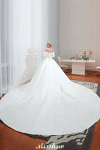 3/4 Sleeves Off-the-Shoulder Ball Gown White Aline Wedding Dress by misshow.com