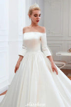 3/4 Sleeves Off-the-Shoulder Ball Gown White Aline Wedding Dress by misshow.com