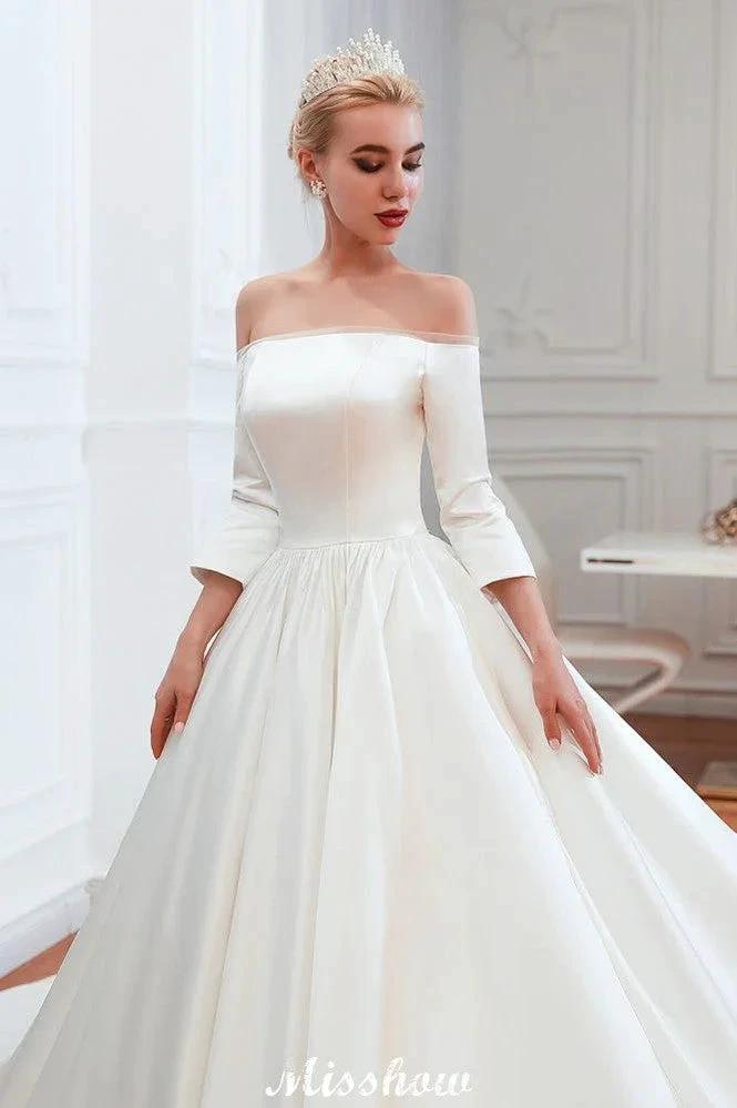 3/4 Sleeves Off-the-Shoulder Ball Gown White Aline Wedding Dress by misshow.com
