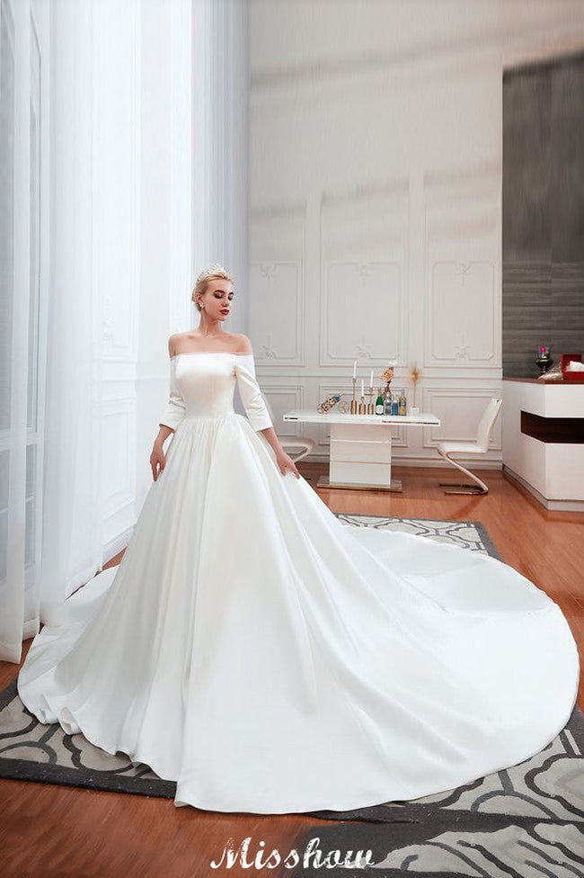 3/4 Sleeves Off-the-Shoulder Ball Gown White Aline Wedding Dress Hover Image