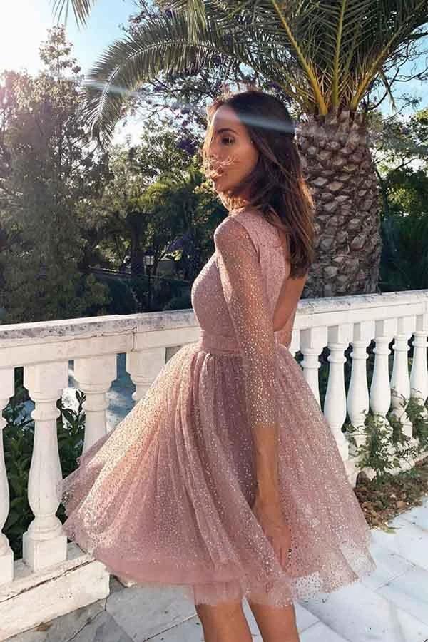 3/4 Sleeves Short Prom Dress Pink Homecoming Dress with Open Back PD330 by pgmdress