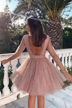 3/4 Sleeves Short Prom Dress Pink Homecoming Dress with Open Back PD330 by pgmdress