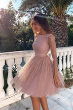 3/4 Sleeves Short Prom Dress Pink Homecoming Dress with Open Back PD330 by pgmdress