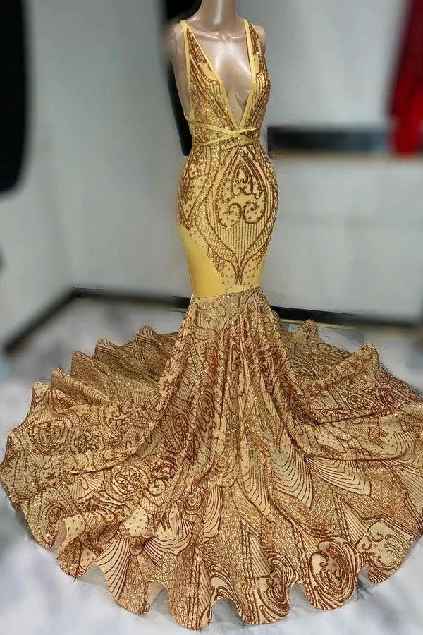 Off The Shoulder Sleeveless Dark Gold Sequins Prom Dress with Appliques V Neck by BIZTUNNEL