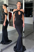 Black Long Off The Shoulder Halter Mermaid Prom Dresses by BIZTUNNEL